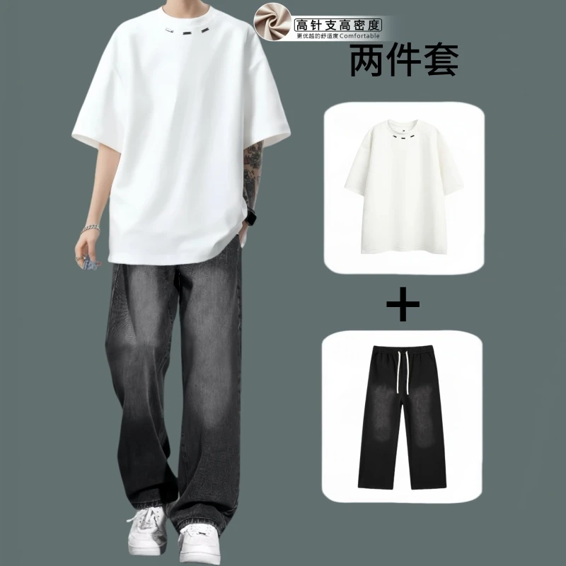 夏季轻奢短袖男套装美式简约潮流t恤潮牌个性T恤搭配牛仔裤两件套