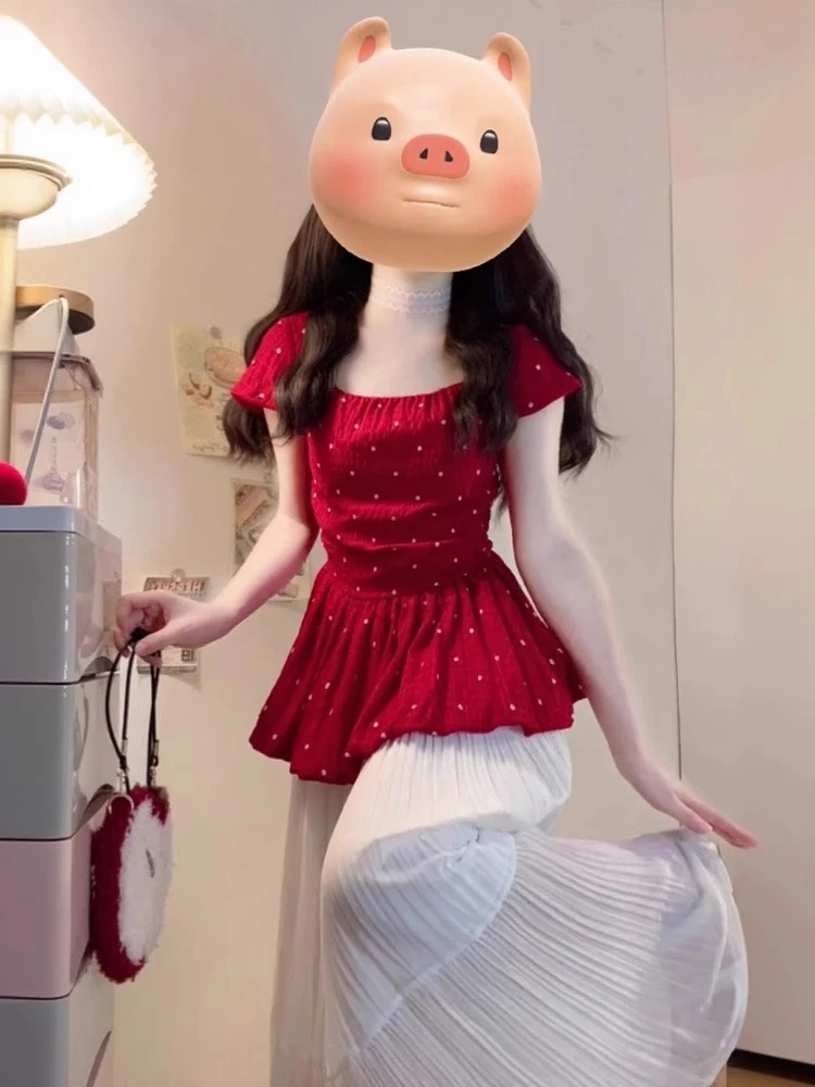 2025夏季新款韩系穿搭甜美风红色波点上衣高腰半身裙显瘦两件套女