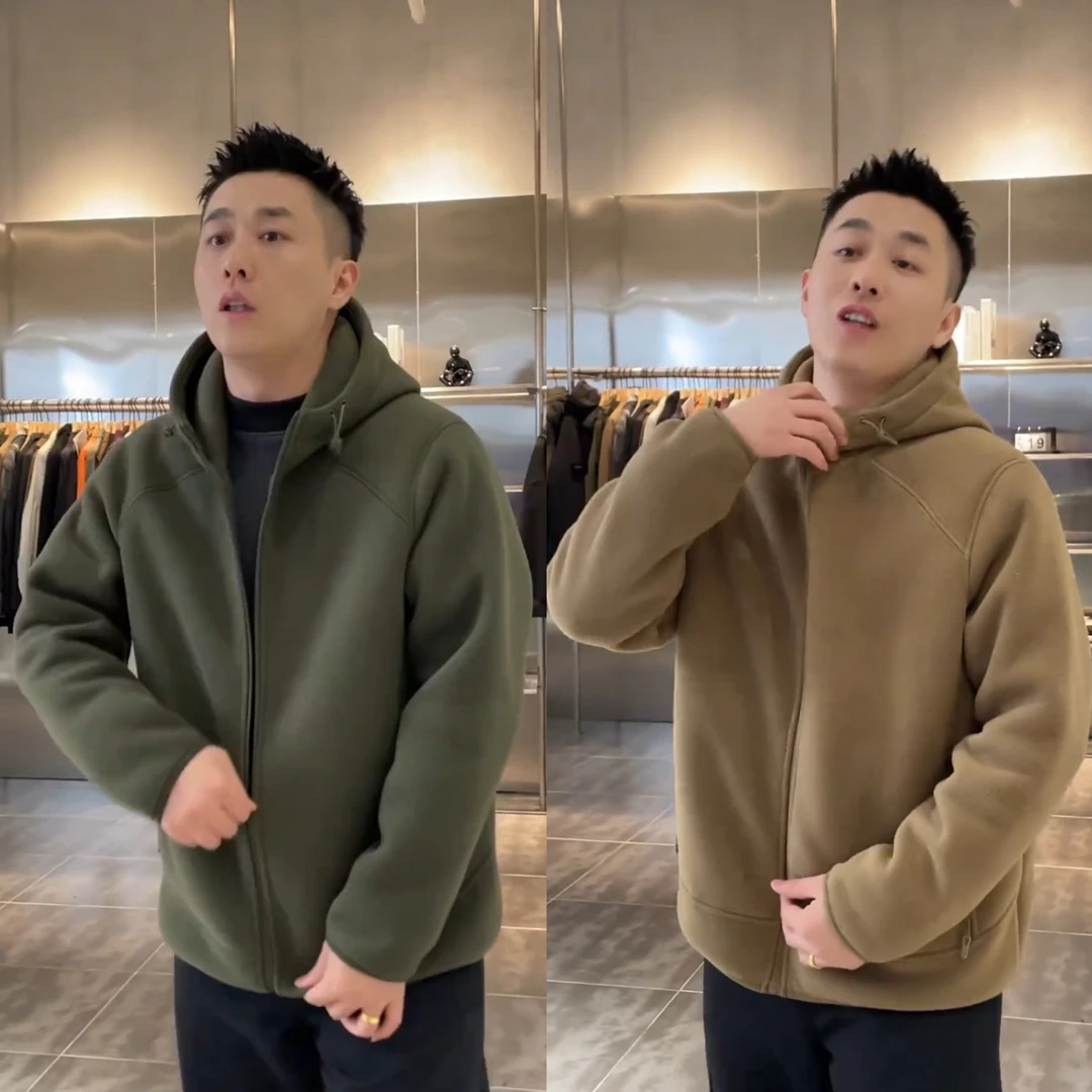 秋冬季简约高档双面摇粒绒连帽外套男百搭加厚情侣款保暖拉链卫衣