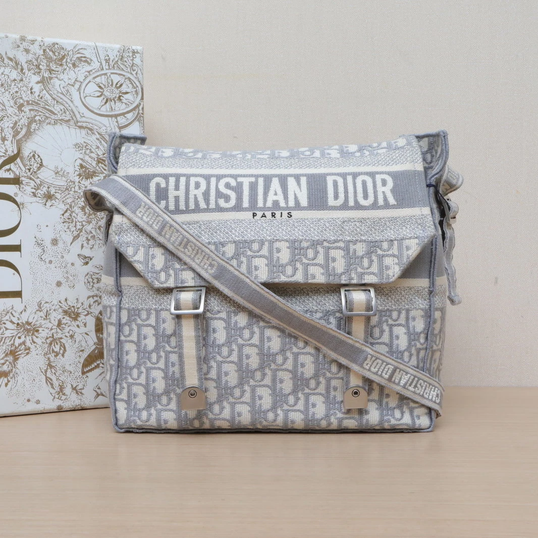 95新 DIOR/迪奥 【黑黑】邮差信使包 中号 29 灰色 帆布