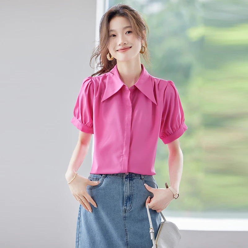 玫红色衬衫女2025新款小众设计感白搭薄款夏纯色显瘦衬衣Q9875