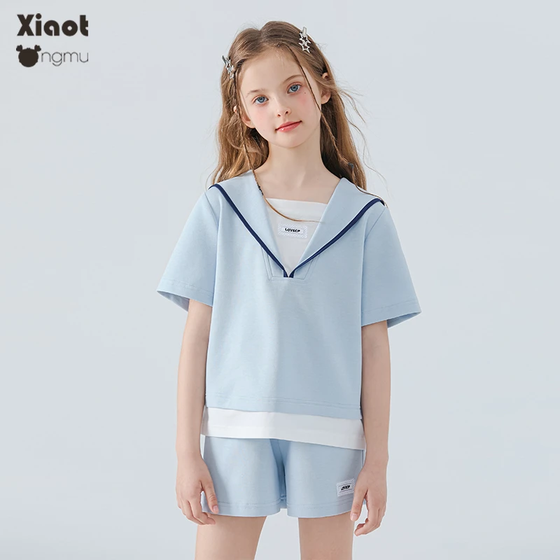 小童木 清爽学院风女童夏套装新款中大童假两件短袖T恤短裤两件套