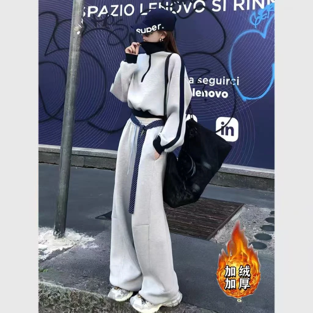 60050美式复古慵懒风运动卫衣套装女时髦撞色宽松休闲裤三件套