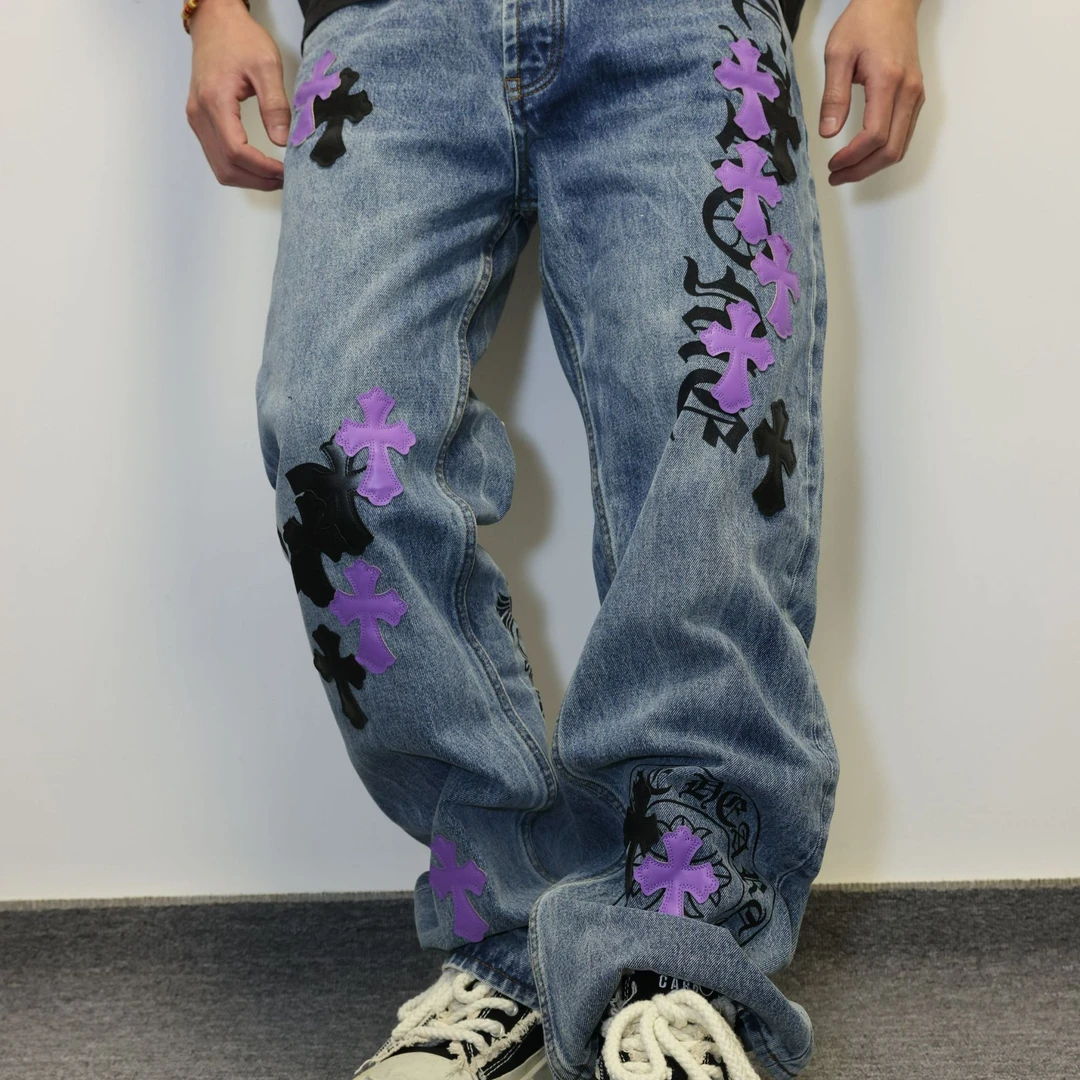 美式休闲牛仔裤宽松直筒男女同款百搭复古潮流时尚印花十字拼皮