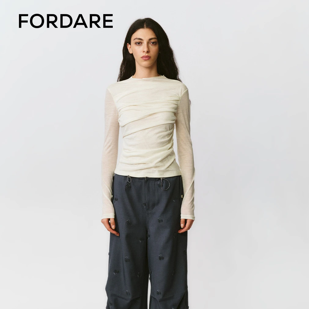 FORDARE 福蝶 25秋冬新品 弹力针织打褶内搭通勤打底修身白色1576