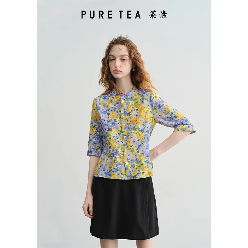 【商场同款】puretea茶愫丝棉印花衬衫女立领收腰上衣TB0501C21