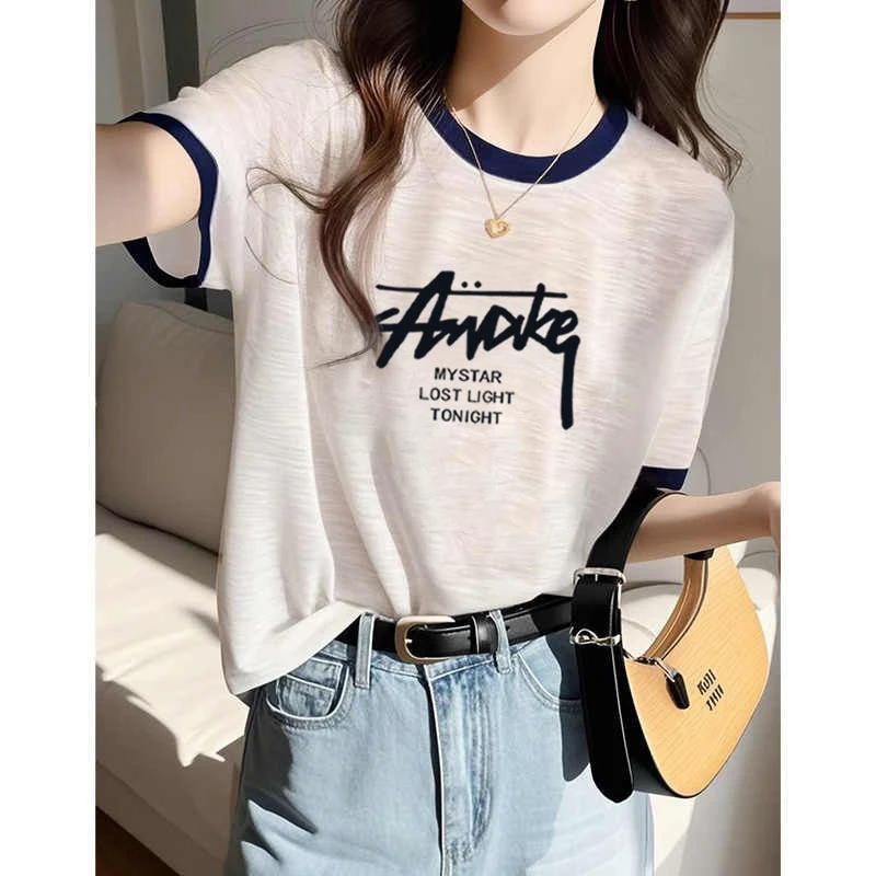 2025新款印花夏季圆领白色显瘦雪花棉短袖上衣大码韩版薄款T恤女