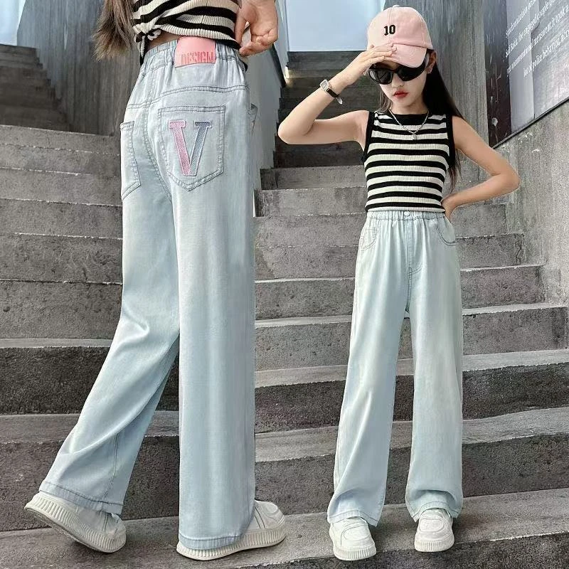 女童裤子夏季外穿2025新款中大童休闲直筒阔腿长裤儿童宽松牛仔裤