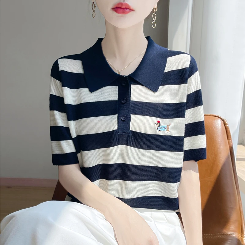 100%莱赛尔天丝翻领小狗刺绣针织短袖POLO领条纹上衣T桖540