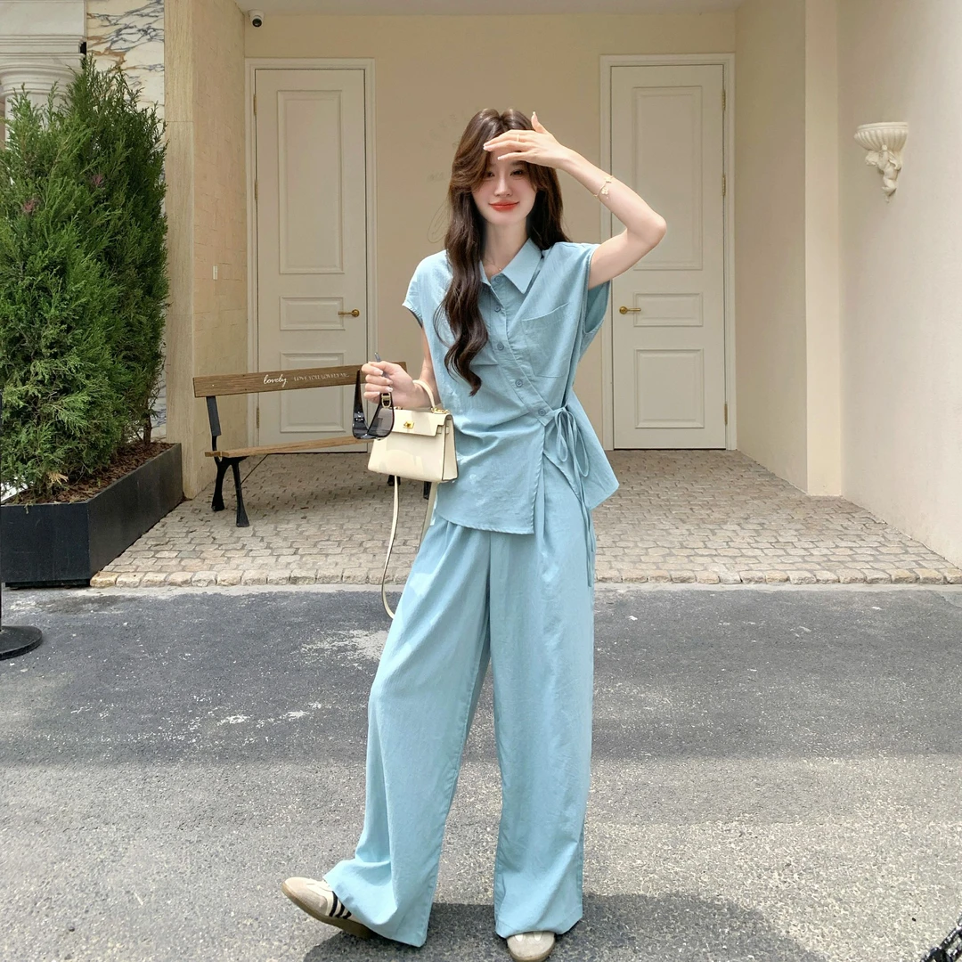 盐系气质时尚减龄套装女2025夏新款不规则系带衬衣阔腿裤两件套