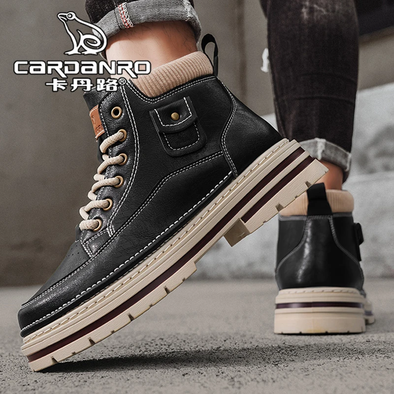 意大利卡丹路马丁靴男秋季英伦风复古休闲男士增高皮面黑色工装靴