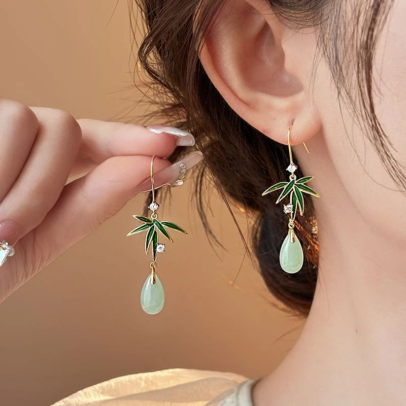 铜合金耳饰 竹叶水滴耳钉国风耳环气质高级感百搭耳饰N2900