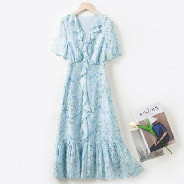 夏季温柔风荷叶边印花舒适清爽连衣裙0113