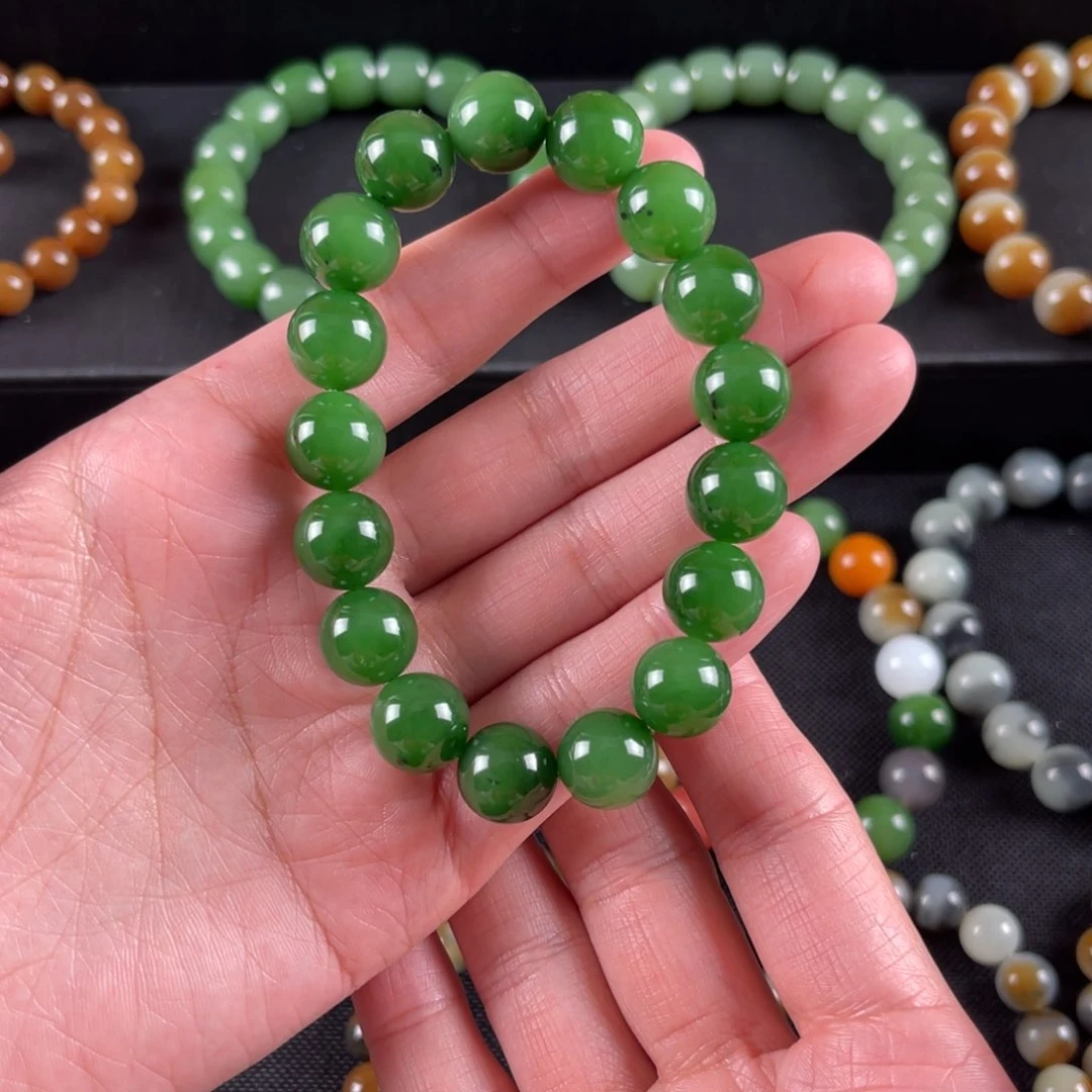 和田玉手串未镶嵌卡12俄七坑辣菠菜包容矿点