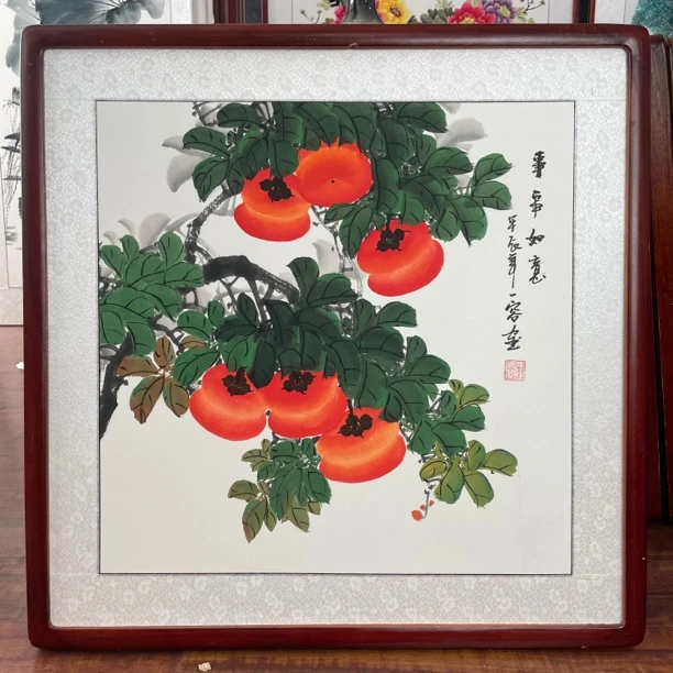 【手绘国画】带框发货事事如意柿子斗方餐厅客厅玄关书房茶室