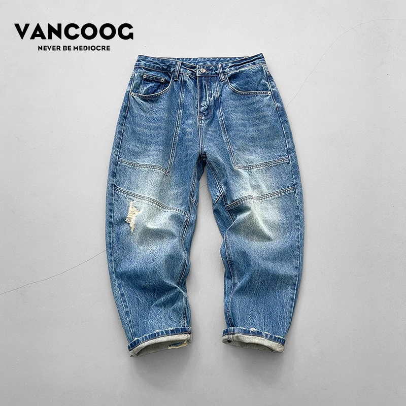 VANCOOG美式潮牌破洞水洗宽松长裤复古微锥百搭弯刀哈伦牛仔裤男
