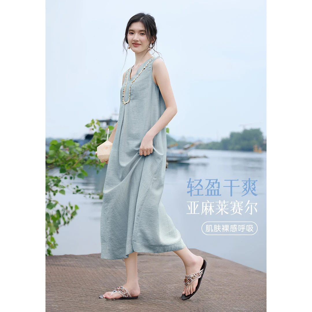 XWI/欣未【含亚麻度假连衣裙】2025夏新款波西米亚度假连衣裙