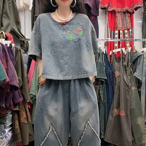 刺绣招财猫牛仔盘扣套装兰色