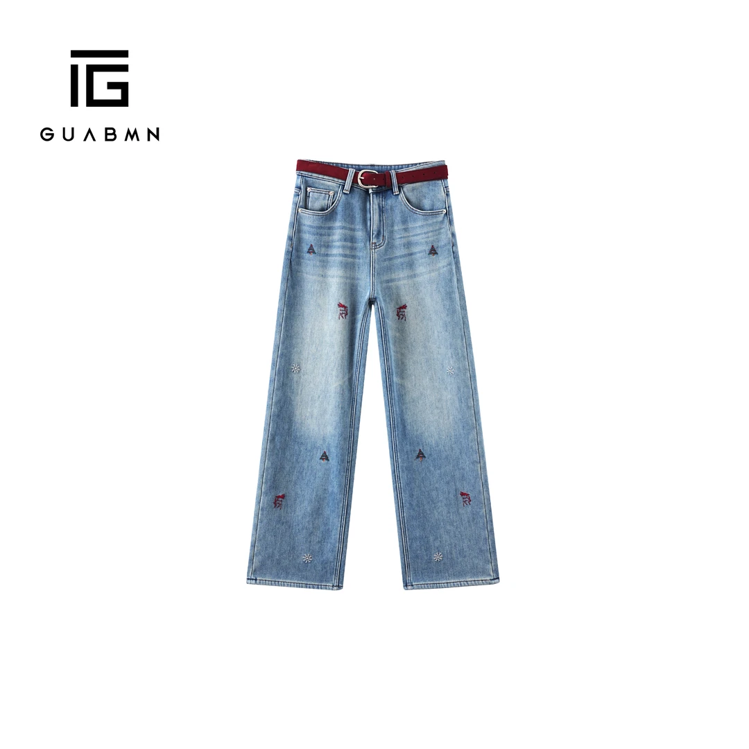 GUABMN2025冬季新款高腰阔腿牛仔裤烫钻樱桃刺绣宽松直筒裤169