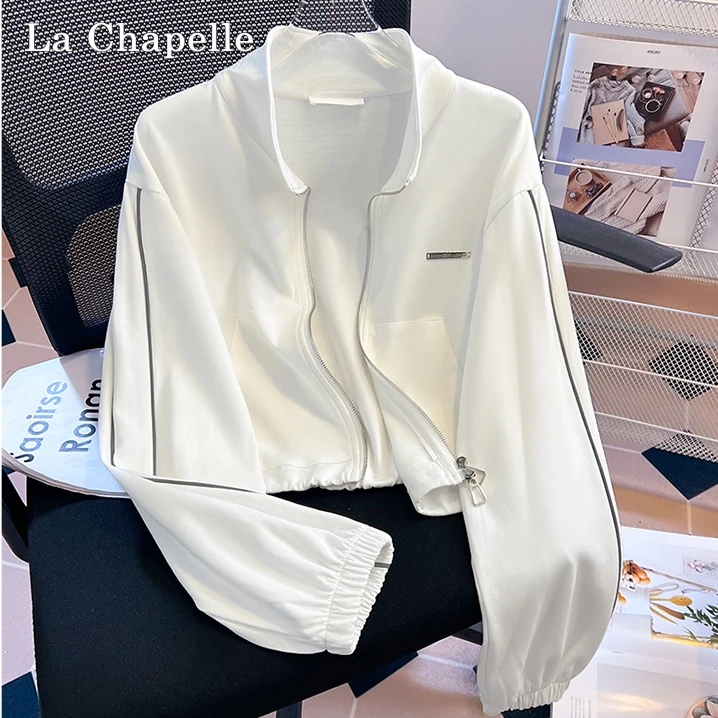 拉夏贝尔早秋立领长袖拉链款开衫韩版辣妹休闲小个子短款卫衣外套