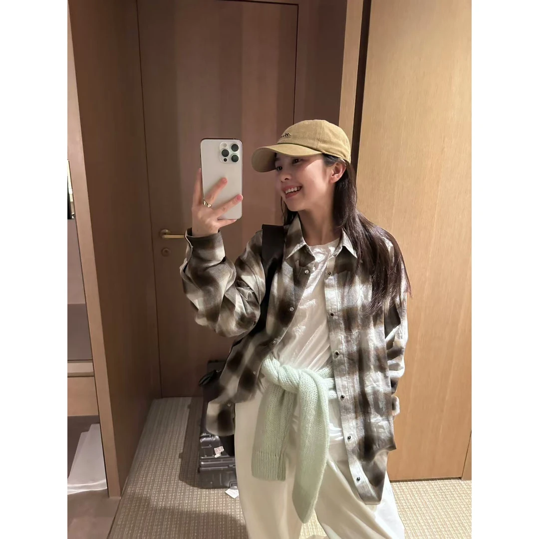 bala&mangosteen 韩代早春100棉超柔软复古感棕格衬衫 2025s