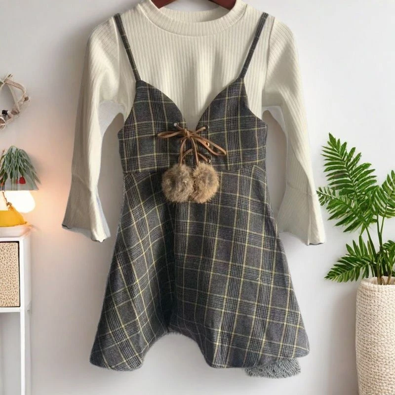 中大童春秋儿童两件套上衣+裙子女童长袖时尚格子英伦秋季幼儿