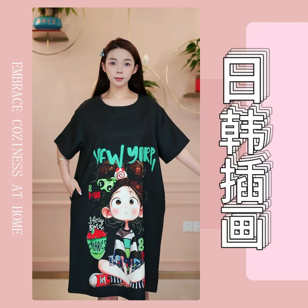 圆领套头睡裙简约时尚夏季薄款宽松显瘦家居服休闲韩版