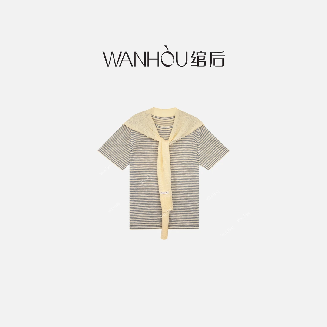 【C2188】WH-设计师款时尚百搭简约撞色披肩条纹短袖XYZ