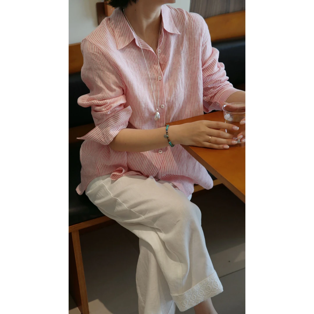 “红条亚麻”  100%色织亚麻红条纹衬衫 舒适透气超减龄   W-074