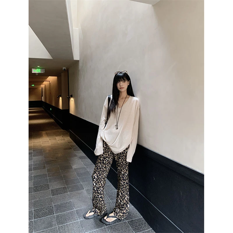 2025夏季慵懒松弛感轻薄亚麻纯色显瘦修身上衣设计感豹纹休闲长裤