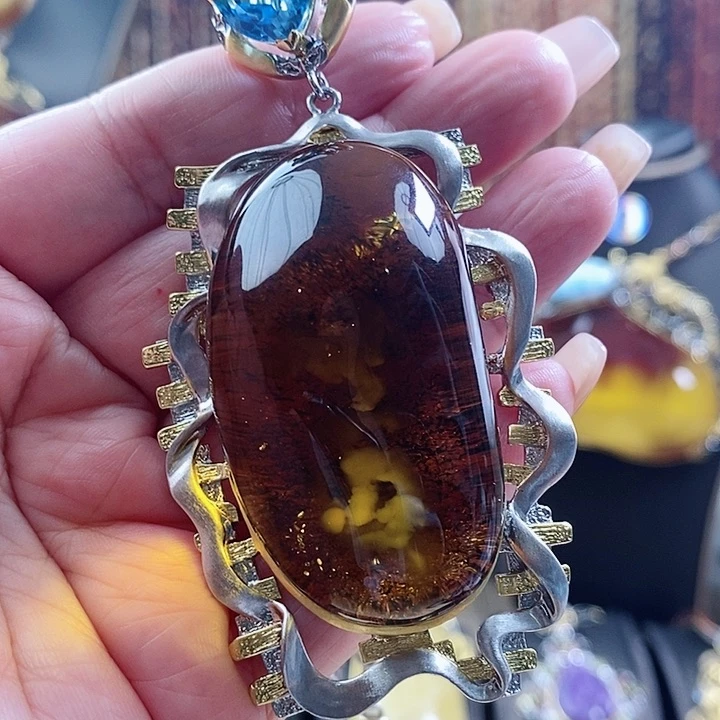 琥珀颈饰银S925镶嵌吊坠