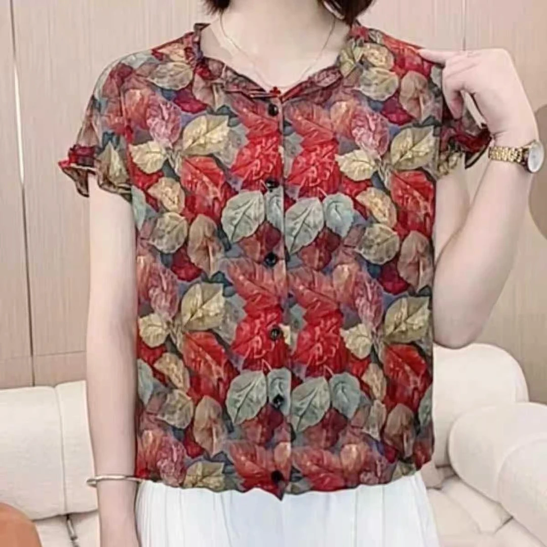 024#夏季时尚洋气新款简约花边领印花气质休闲百搭短袖(无抽绳版）