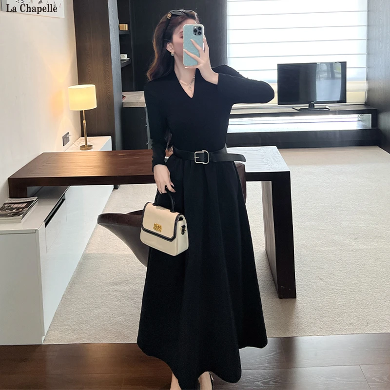 拉夏贝尔赫本风v领针织拼接长袖连衣裙女2025秋冬款气质修身长裙