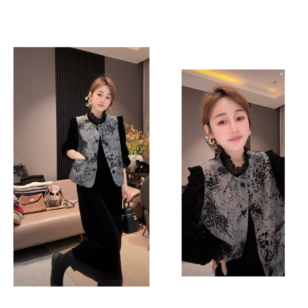 新中式提花拼接绒马甲