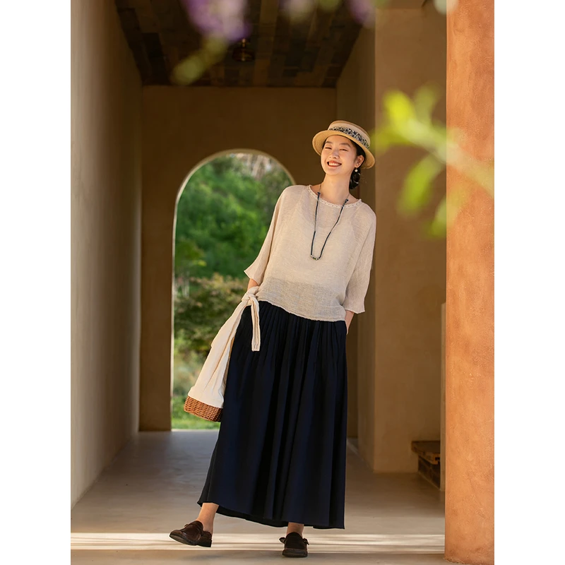 牧衣游原创进口亚麻炒色衬衫轻薄圆领文艺百搭套头上衣 风迹