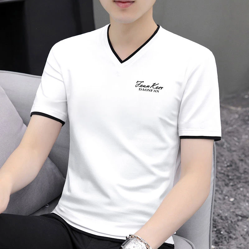 白色短袖T恤男士2025新款夏季潮流商务休闲V领薄款百搭半袖体恤男