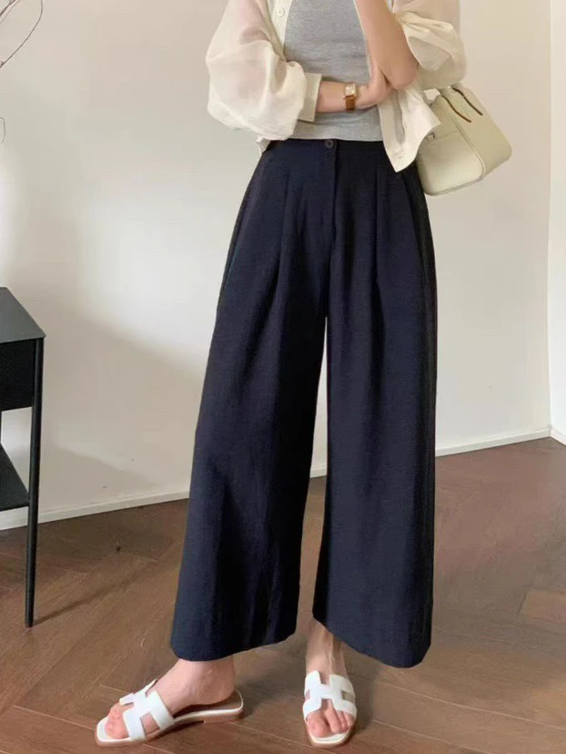 夏季薄款高腰显瘦九分阔腿棉麻休闲裤阔腿裤适合梨型身材