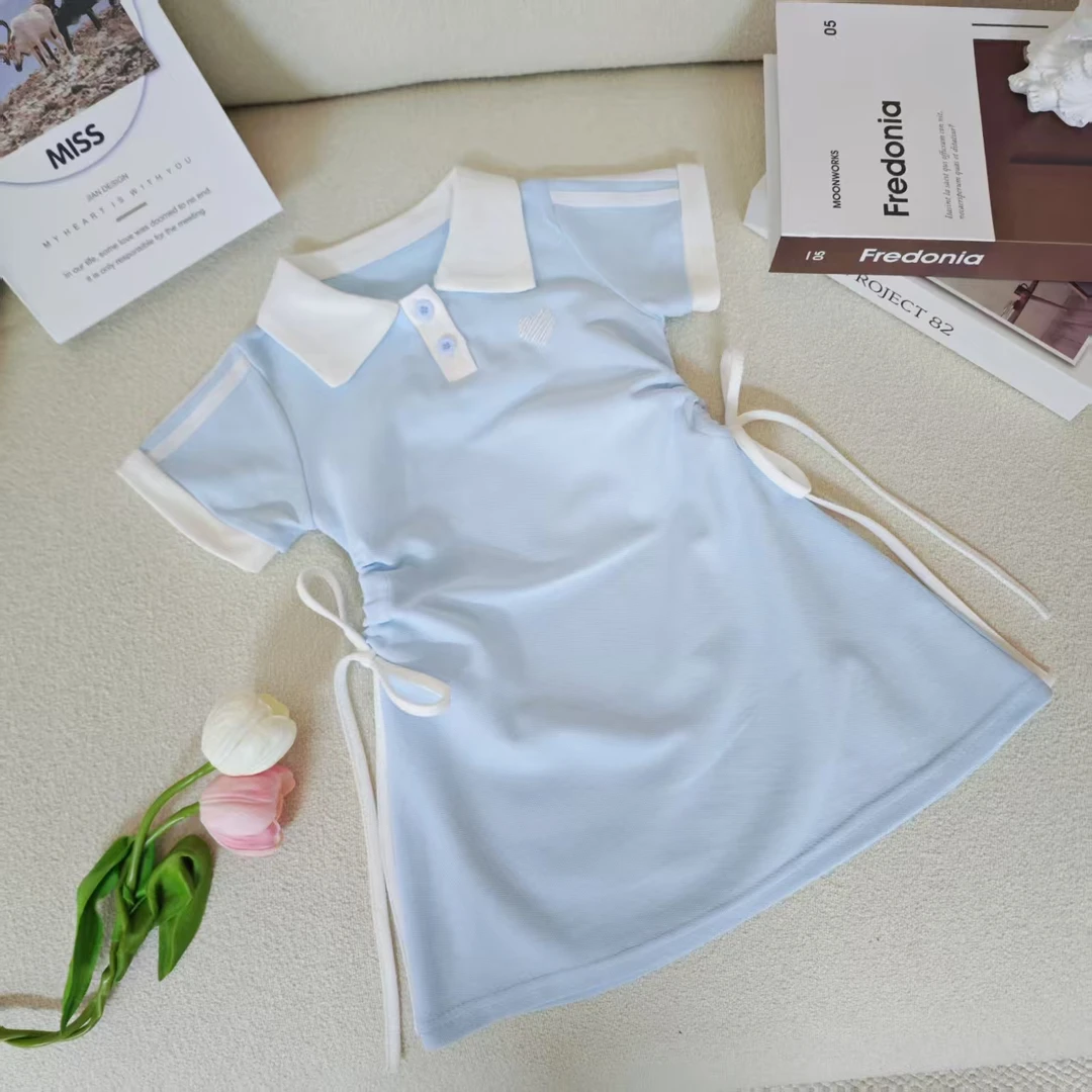 女小童学院风抽绳polo领短袖连衣裙2024夏季新款宝宝洋气休闲裙子