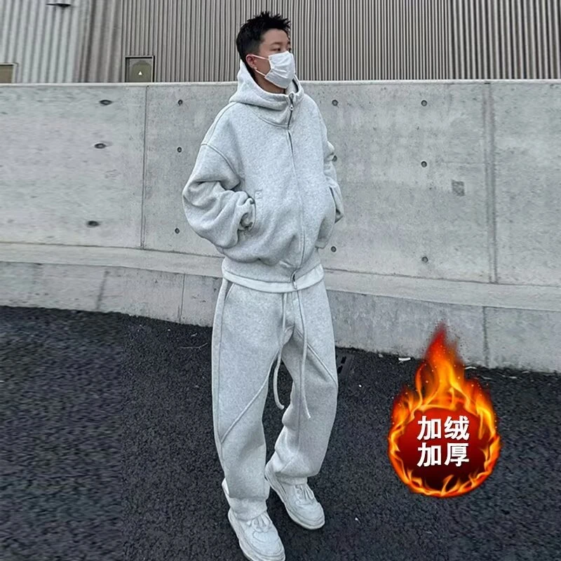 秋冬重磅连帽卫衣运动男套装潮流加绒加厚大码开衫卫衣搭配两件套