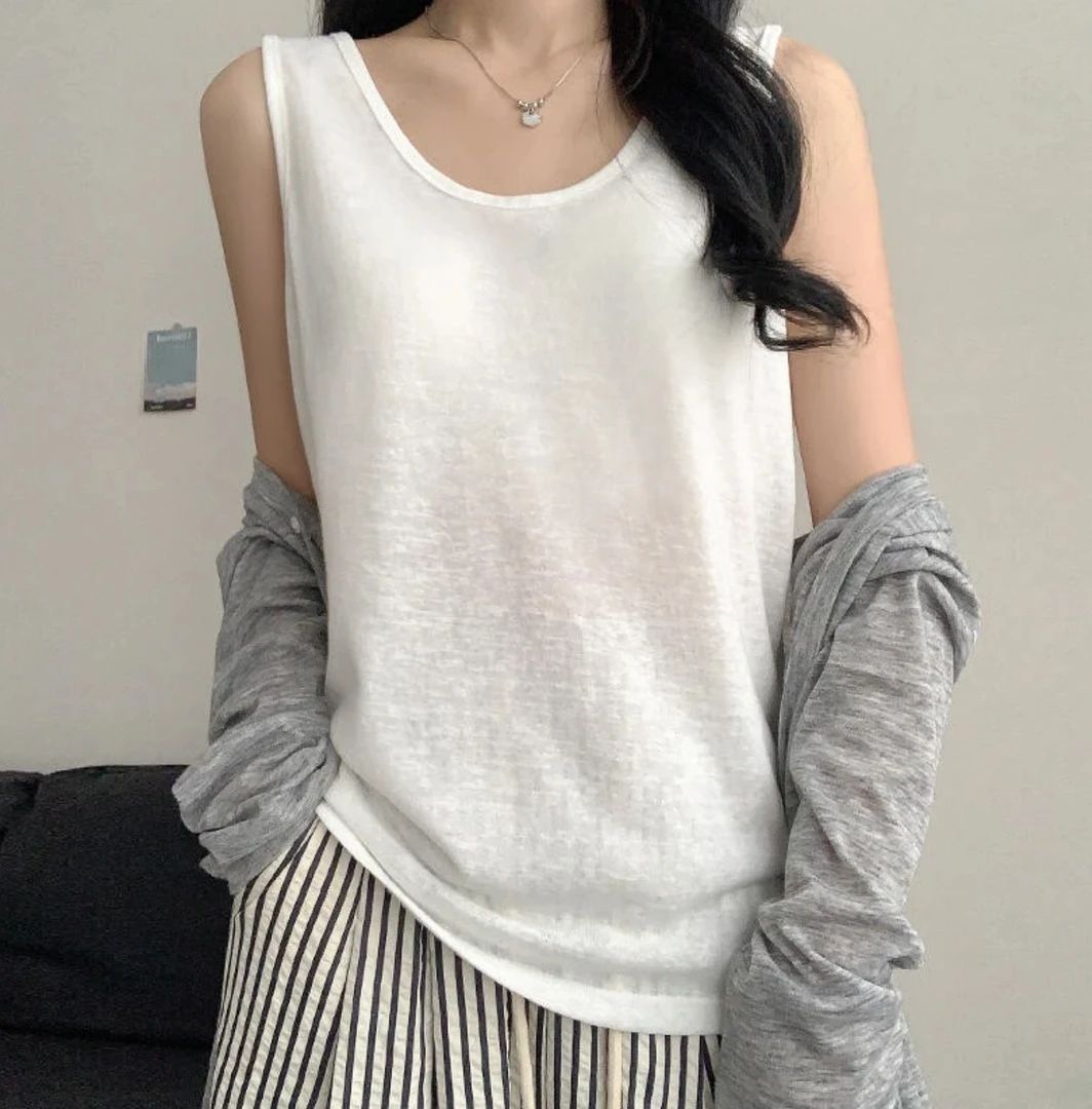 U领雪花棉背心吊带显瘦无袖T恤宽松型通勤上衣外穿垂感内搭夏季