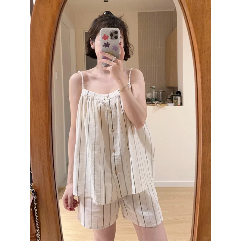 韩系简约条纹吊带睡衣女夏季新款家居服大码吊带短裤休闲套装外穿