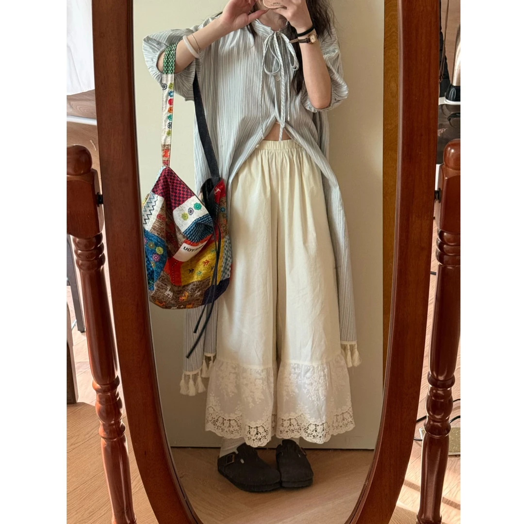 【一四六Yisiliu】可单穿小个子日系蕾丝花边阔腿马蹄裤九分休闲裤