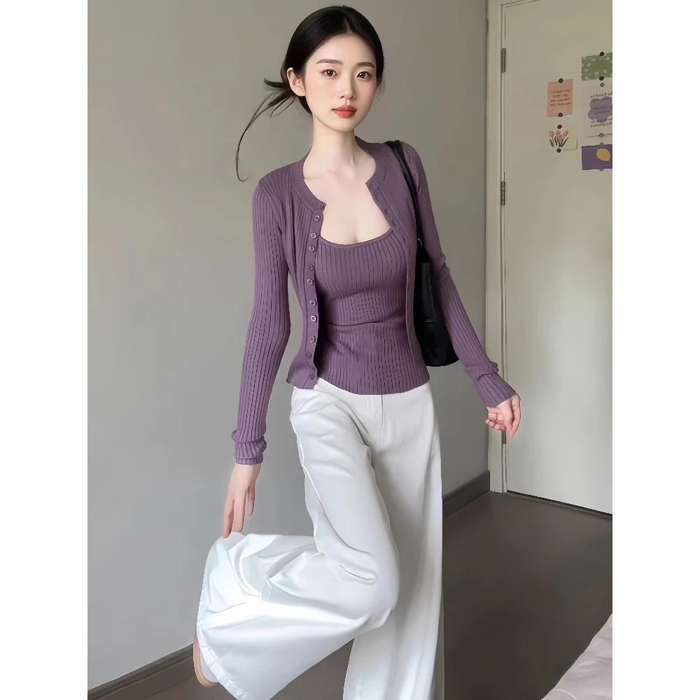 韩系穿搭一整套气质紫色吊带背心针织开衫女早秋阔腿牛仔裤三件套