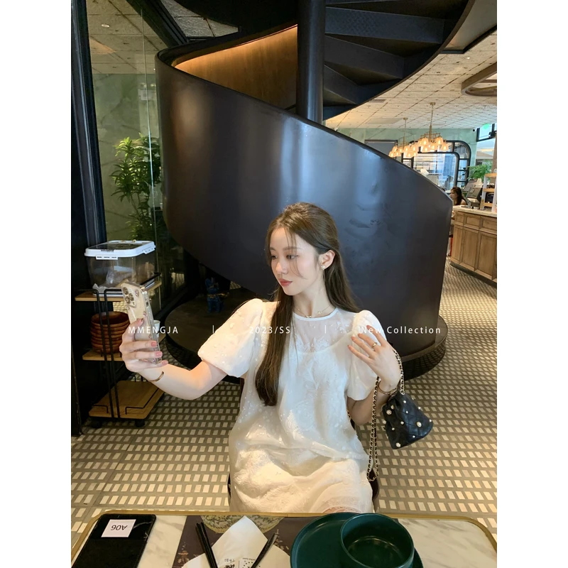 萌萌Ja 纯白降落伞 白色薄纱娃娃连衣裙女重工羽毛仙女裙气质短裙