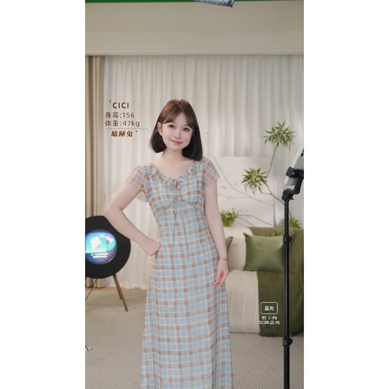 瞌睡兔定制【清苍海盐气泡水】夏法式格纹收腰显瘦短袖连衣裙258938