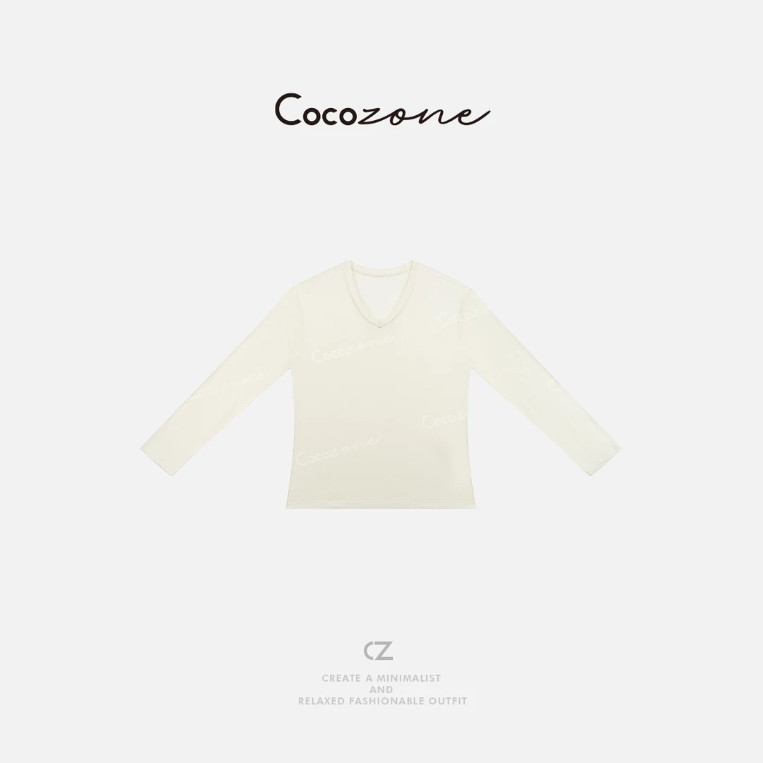 COCO ZONE 刘一一 绵羊毛山羊绒早春纯色V领长袖T恤CD1A0243
