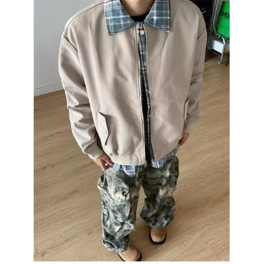 美式高街假两件衬衫拼接黑色夹克男春季设计感美式翻领外套情侣款