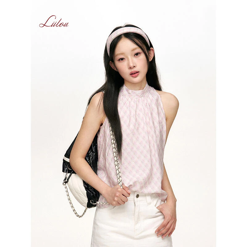 Liilou 25ss 洋裁格纹 樱花粉 半高领蝴蝶结系带挂脖无袖背心