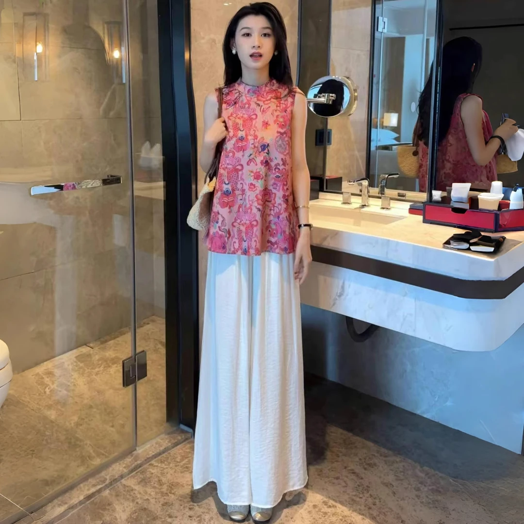 夏季时尚一整套女装优雅新套装女款中国风印花无袖财阀千金女装