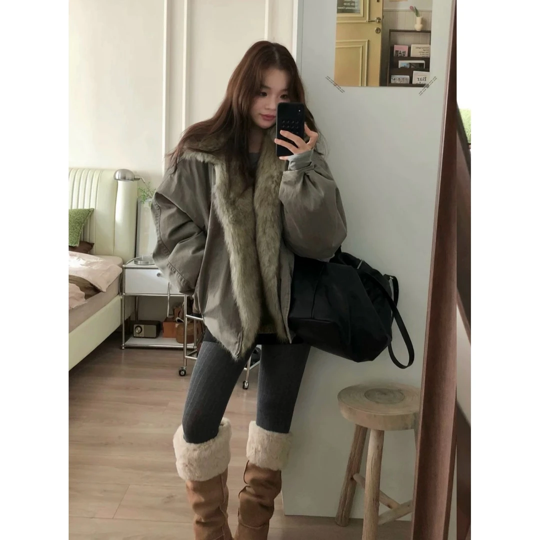 2025新款韩版复古宽松休闲保暖大毛领棉衣女冬天外穿长袖棉服外套